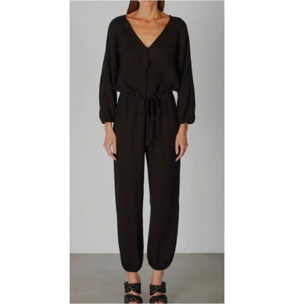 Enza Costa Tie Waist Black Cotton Gauze Jumpsuit Women’s Size 1 Long Sleeve